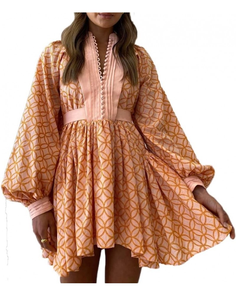 Women's Bohemian Floral Print Button Down Long Lantern Sleeve Shift Tunic Dress Casual Ruffle Swing Mini Dress Orange $51.40 ...