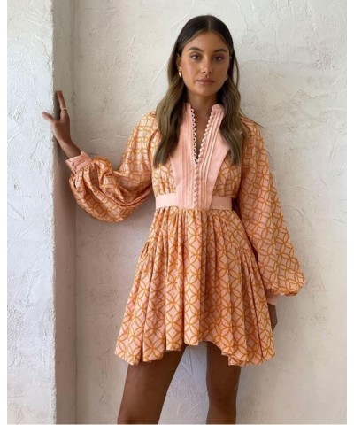 Women's Bohemian Floral Print Button Down Long Lantern Sleeve Shift Tunic Dress Casual Ruffle Swing Mini Dress Orange $51.40 ...