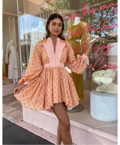 Women's Bohemian Floral Print Button Down Long Lantern Sleeve Shift Tunic Dress Casual Ruffle Swing Mini Dress Orange $51.40 ...