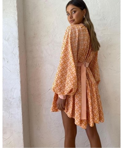 Women's Bohemian Floral Print Button Down Long Lantern Sleeve Shift Tunic Dress Casual Ruffle Swing Mini Dress Orange $51.40 ...