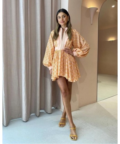 Women's Bohemian Floral Print Button Down Long Lantern Sleeve Shift Tunic Dress Casual Ruffle Swing Mini Dress Orange $51.40 ...