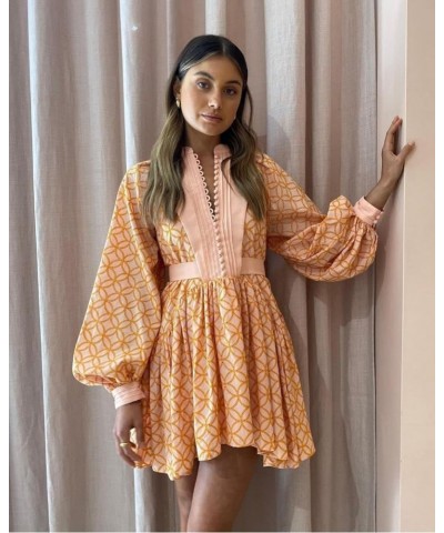 Women's Bohemian Floral Print Button Down Long Lantern Sleeve Shift Tunic Dress Casual Ruffle Swing Mini Dress Orange $51.40 ...