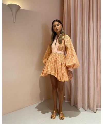 Women's Bohemian Floral Print Button Down Long Lantern Sleeve Shift Tunic Dress Casual Ruffle Swing Mini Dress Orange $51.40 ...