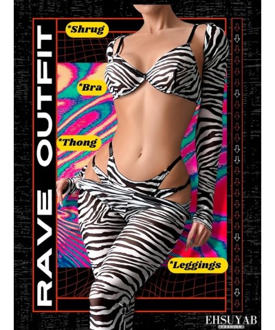 Women's 4Pc Sexy Zebra Print Rave Outfit, Bolero Shrug Top, Legging White $11.89 Lingerie