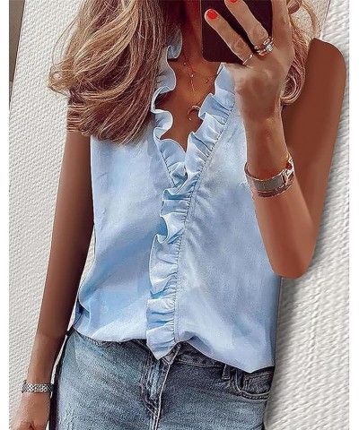 Women Top Ruffle Solid/Print Shirt Blouse Summer Spring Elegant Business Casual Tee T-Shirt B-sleeveless Blue $8.61 Tops