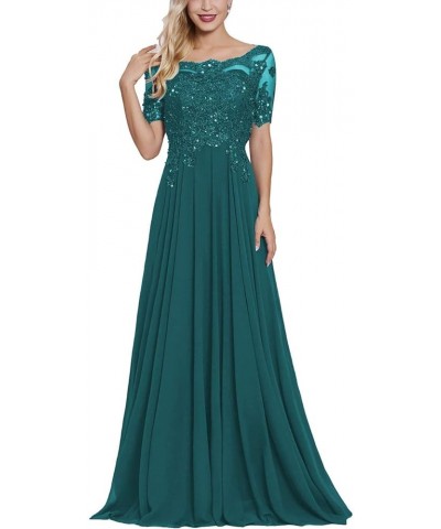 Women's Long Mother of The Bride Dresses with Sleeves Bateau Neck Beaded Chiffon Maxi Lace Formal Evening Gowns Peacock $29.9...