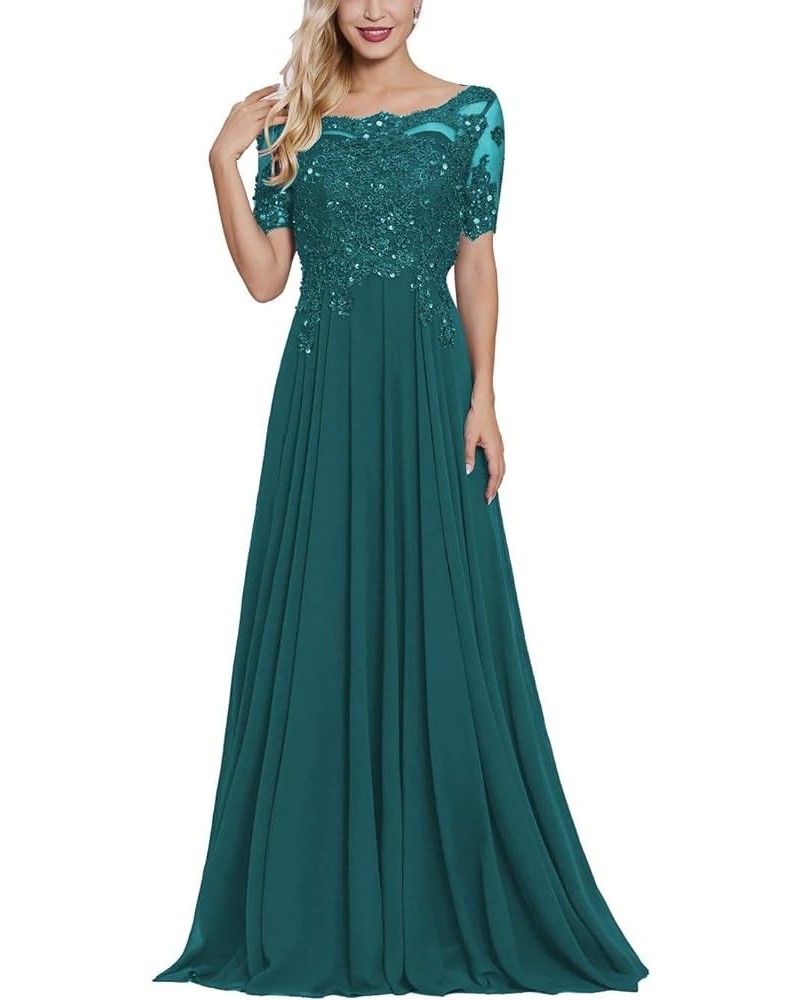 Women's Long Mother of The Bride Dresses with Sleeves Bateau Neck Beaded Chiffon Maxi Lace Formal Evening Gowns Peacock $29.9...