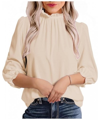 Women's Leopard Printed Ruffle Hem Long Sleeve Mock Neck Blouses Top Solid Beige $20.29 Blouses