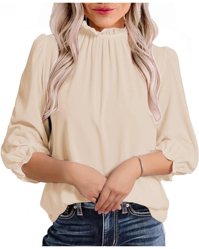 Women's Leopard Printed Ruffle Hem Long Sleeve Mock Neck Blouses Top Solid Beige $20.29 Blouses