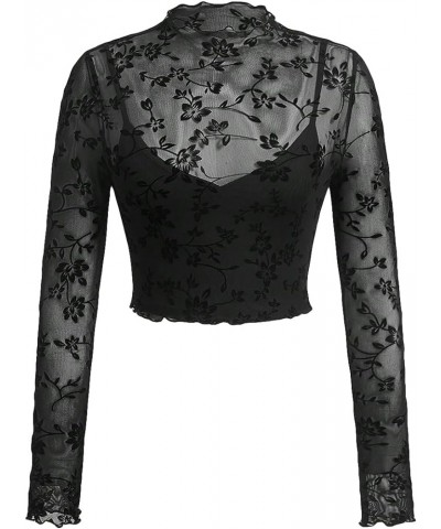 Women's Long Sleeve Glitter See Through Sheer Mesh Tee Shirt Blouse Top Appliques Black $16.81 Blouses