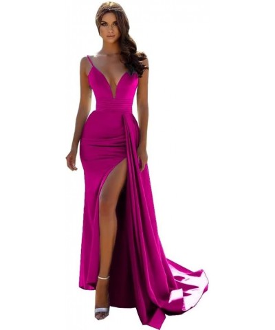 Deep Mermaid Prom Dresses V-Neck 2022 Long with Train Satin Formal Sexy Warp Evening Gowns with Slit DR0037 Fuchsia $39.69 Dr...