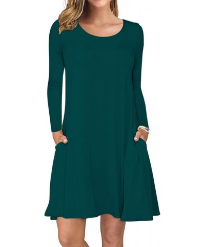 Women's Long Sleeve Pockets Casual Swing T-Shirt Dresses 03-new Dark Green $14.49 Dresses