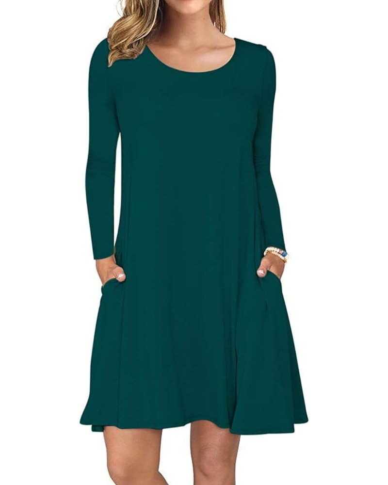 Women's Long Sleeve Pockets Casual Swing T-Shirt Dresses 03-new Dark Green $14.49 Dresses