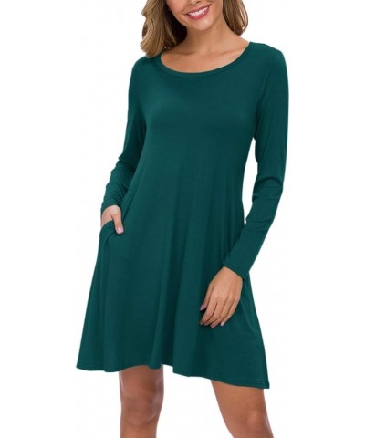 Women's Long Sleeve Pockets Casual Swing T-Shirt Dresses 03-new Dark Green $14.49 Dresses