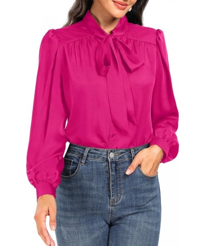 Women's Bow Tie Neck Long Sleeve Blouse Silk Button Down Shirt Chiffon Office Dressy Work Tops Dark Pink $18.14 Blouses