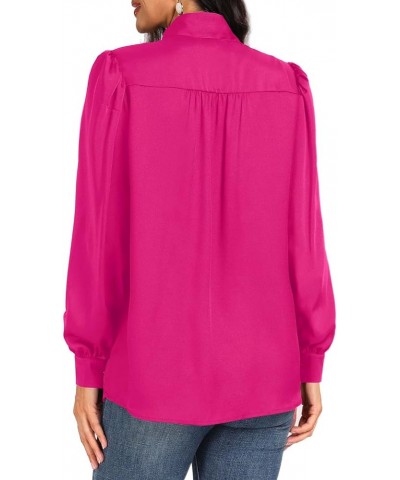 Women's Bow Tie Neck Long Sleeve Blouse Silk Button Down Shirt Chiffon Office Dressy Work Tops Dark Pink $18.14 Blouses