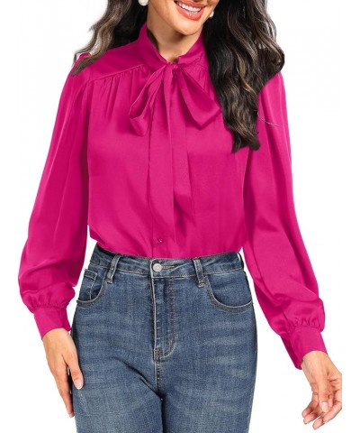 Women's Bow Tie Neck Long Sleeve Blouse Silk Button Down Shirt Chiffon Office Dressy Work Tops Dark Pink $18.14 Blouses