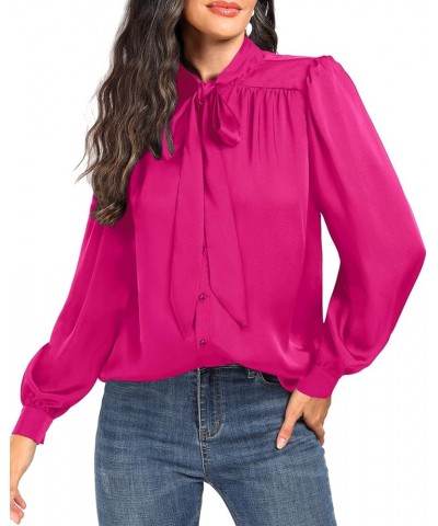 Women's Bow Tie Neck Long Sleeve Blouse Silk Button Down Shirt Chiffon Office Dressy Work Tops Dark Pink $18.14 Blouses