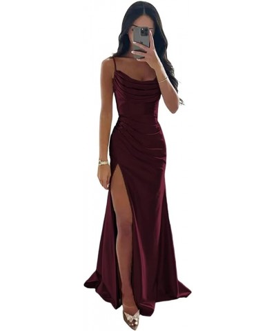 Women's Spaghetti Straps Satin Bridesmaid Dresses Long Cowl Neck Mermaid Formal Party Dresses with Slit QA095 Burgundy $26.68...