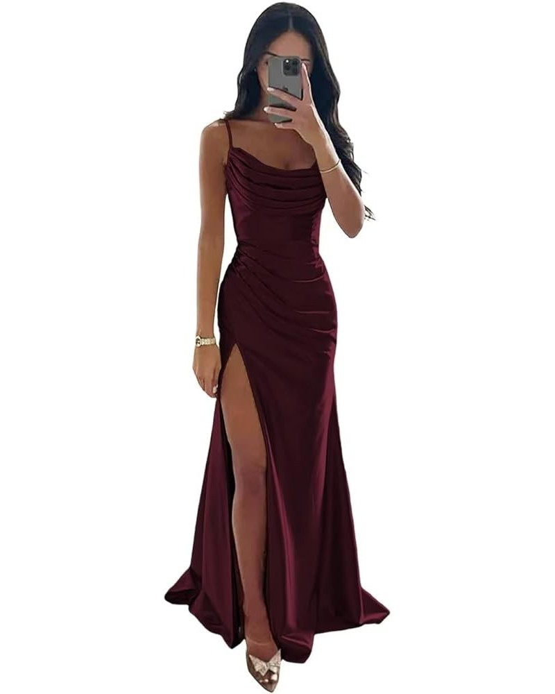 Women's Spaghetti Straps Satin Bridesmaid Dresses Long Cowl Neck Mermaid Formal Party Dresses with Slit QA095 Burgundy $26.68...