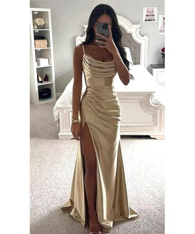 Women's Spaghetti Straps Satin Bridesmaid Dresses Long Cowl Neck Mermaid Formal Party Dresses with Slit QA095 Burgundy $26.68...