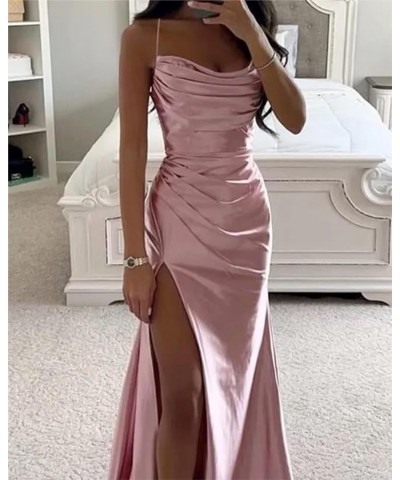 Women's Spaghetti Straps Satin Bridesmaid Dresses Long Cowl Neck Mermaid Formal Party Dresses with Slit QA095 Burgundy $26.68...