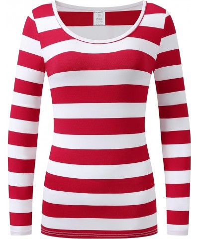 Women's Long Sleeve Striped T-Shirt Causal Scoop Neck Shirt Red/White Stripes $13.02 T-Shirts