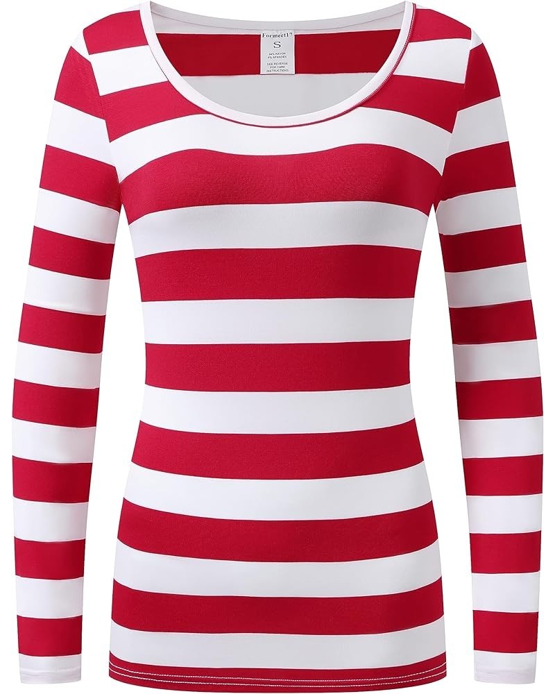 Women's Long Sleeve Striped T-Shirt Causal Scoop Neck Shirt Red/White Stripes $13.02 T-Shirts