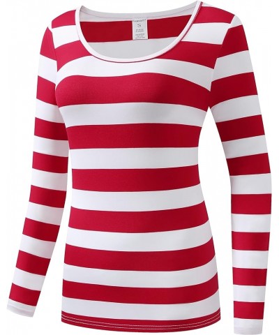 Women's Long Sleeve Striped T-Shirt Causal Scoop Neck Shirt Red/White Stripes $13.02 T-Shirts