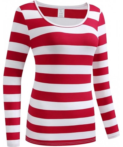 Women's Long Sleeve Striped T-Shirt Causal Scoop Neck Shirt Red/White Stripes $13.02 T-Shirts