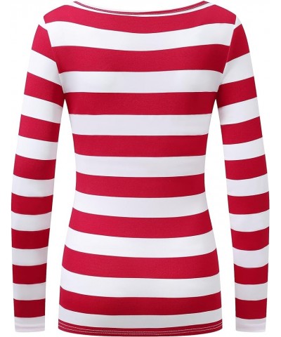 Women's Long Sleeve Striped T-Shirt Causal Scoop Neck Shirt Red/White Stripes $13.02 T-Shirts