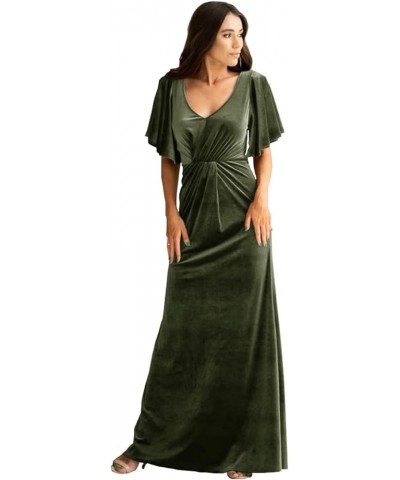 Women's Velvet Short Sleeve Prom Dress Long V Neck Formal Party Bridesmaid Maxi Gown Olive Green $52.64 Dresses