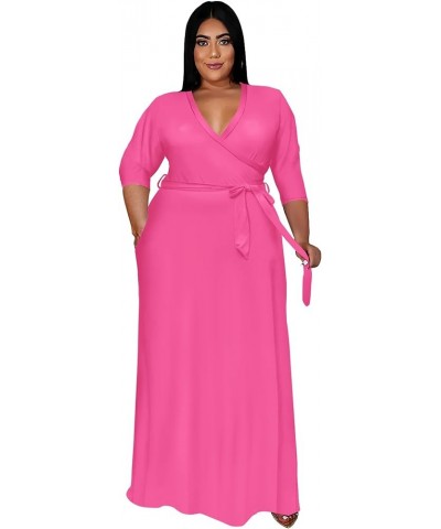 Plus Size Dresses for Women Floral Maxi Dress Flowy 3/4 Sleeve with Belt Rose Pink $21.10 Dresses