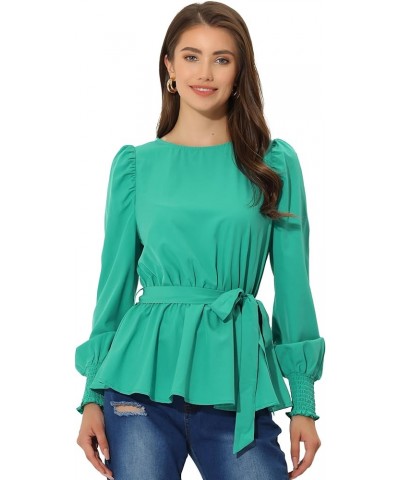 Women's Dressy Casual Peplum Top Belt Tie Waist Puff Long Sleeve Work Blouse Green $12.90 Blouses