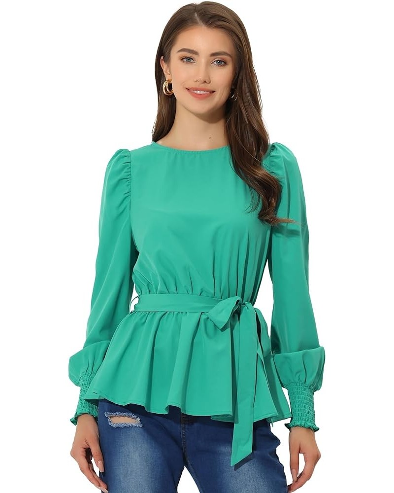 Women's Dressy Casual Peplum Top Belt Tie Waist Puff Long Sleeve Work Blouse Green $12.90 Blouses