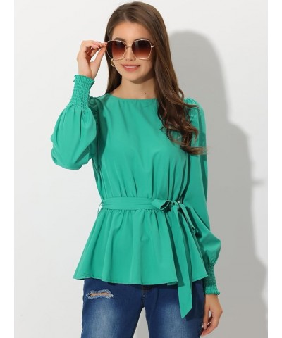 Women's Dressy Casual Peplum Top Belt Tie Waist Puff Long Sleeve Work Blouse Green $12.90 Blouses