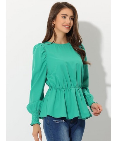 Women's Dressy Casual Peplum Top Belt Tie Waist Puff Long Sleeve Work Blouse Green $12.90 Blouses