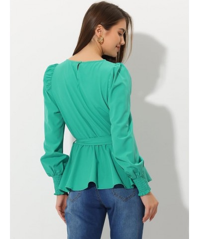 Women's Dressy Casual Peplum Top Belt Tie Waist Puff Long Sleeve Work Blouse Green $12.90 Blouses