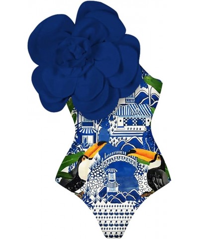 Women's One Piece Swimsuit 3D Flower Decoration Bathing Suit with Wrap Skirt for Daily Wear 16067-1-blue $31.34 Swimsuits