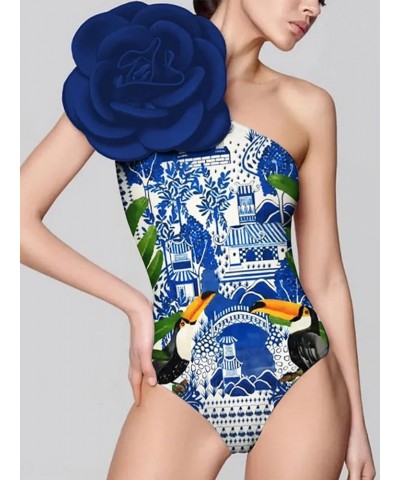 Women's One Piece Swimsuit 3D Flower Decoration Bathing Suit with Wrap Skirt for Daily Wear 16067-1-blue $31.34 Swimsuits