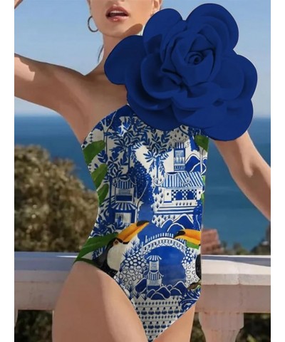 Women's One Piece Swimsuit 3D Flower Decoration Bathing Suit with Wrap Skirt for Daily Wear 16067-1-blue $31.34 Swimsuits