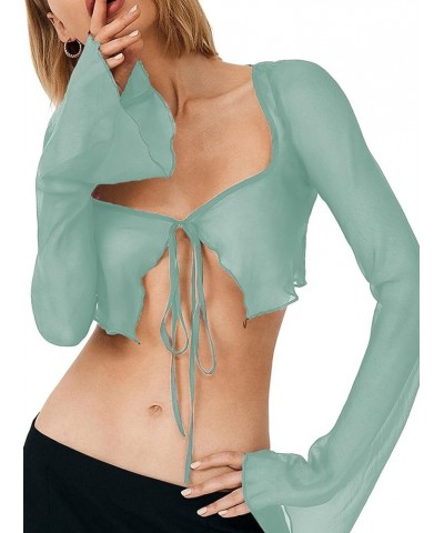 Women's Sexy Tie Up Open Front Long Sleeve Sheer Mesh Crop Top See Through Cardigan Shirt Light Green $8.24 Sweaters