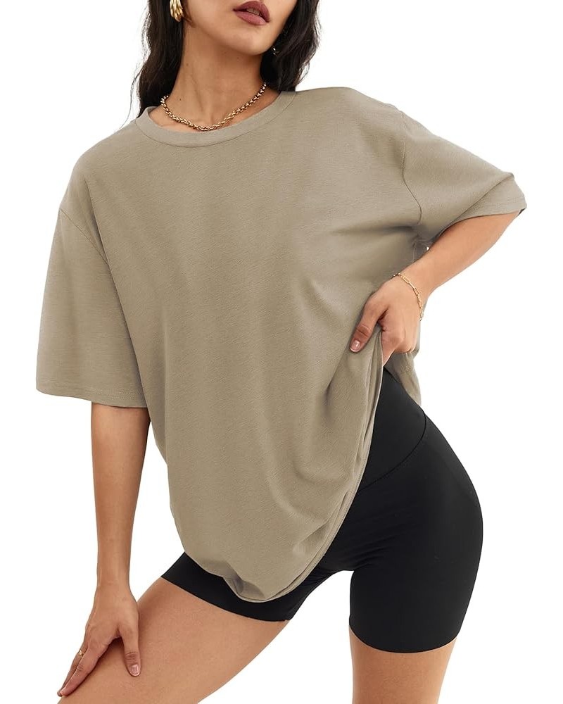 Womens Oversized T Shirts Loose Fit Crewneck Short Sleeve Tops Summer Casual Blouse Y2K 2024 Basic Tee Khaki $10.39 T-Shirts