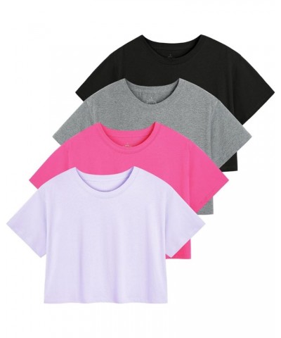 Womens Crop Casual Tops Tshirt Cotton Loose Workout Short Sleeve Round Neck Tee Yoga Running Shirts 4 Pack Black/Gray/Purple/...