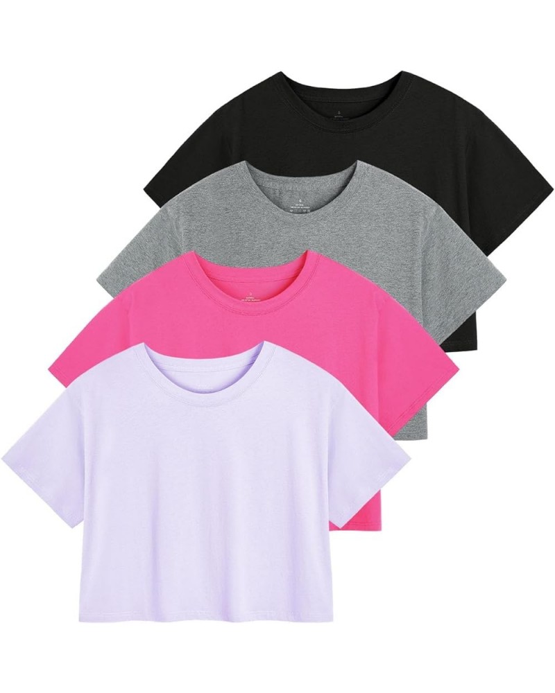 Womens Crop Casual Tops Tshirt Cotton Loose Workout Short Sleeve Round Neck Tee Yoga Running Shirts 4 Pack Black/Gray/Purple/...