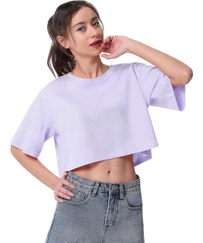 Womens Crop Casual Tops Tshirt Cotton Loose Workout Short Sleeve Round Neck Tee Yoga Running Shirts 4 Pack Black/Gray/Purple/...