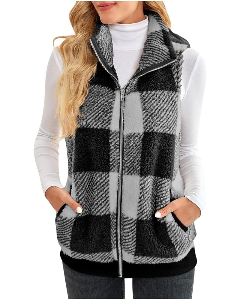 Fleece Vest Women Plaid Full Zip Sleeveless Jacket Casual Plush Warm Fall Winter Clothes with Pockets 01-black $11.39 Vests