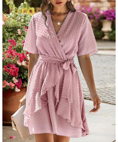 Women 2023 Fashion Faux Wrap V-Neck Dresses Short Sleeve High Waist Belt Swing Ruffle Hem Aline Summer Short Dress Pink $17.3...