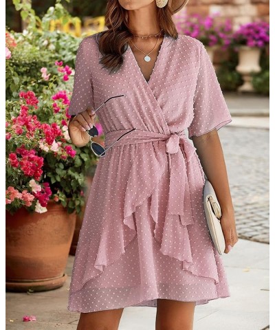 Women 2023 Fashion Faux Wrap V-Neck Dresses Short Sleeve High Waist Belt Swing Ruffle Hem Aline Summer Short Dress Pink $17.3...