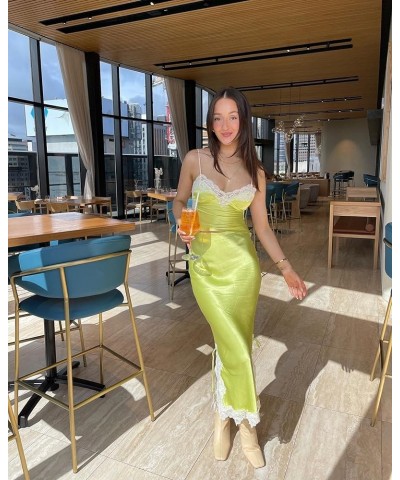 Women Lace Satin Outfits Summer Lace Floral Trim 2-Piece Skirt Set Spaghetti Strap Camisole Long Skirt Y2K Set Green $15.07 S...